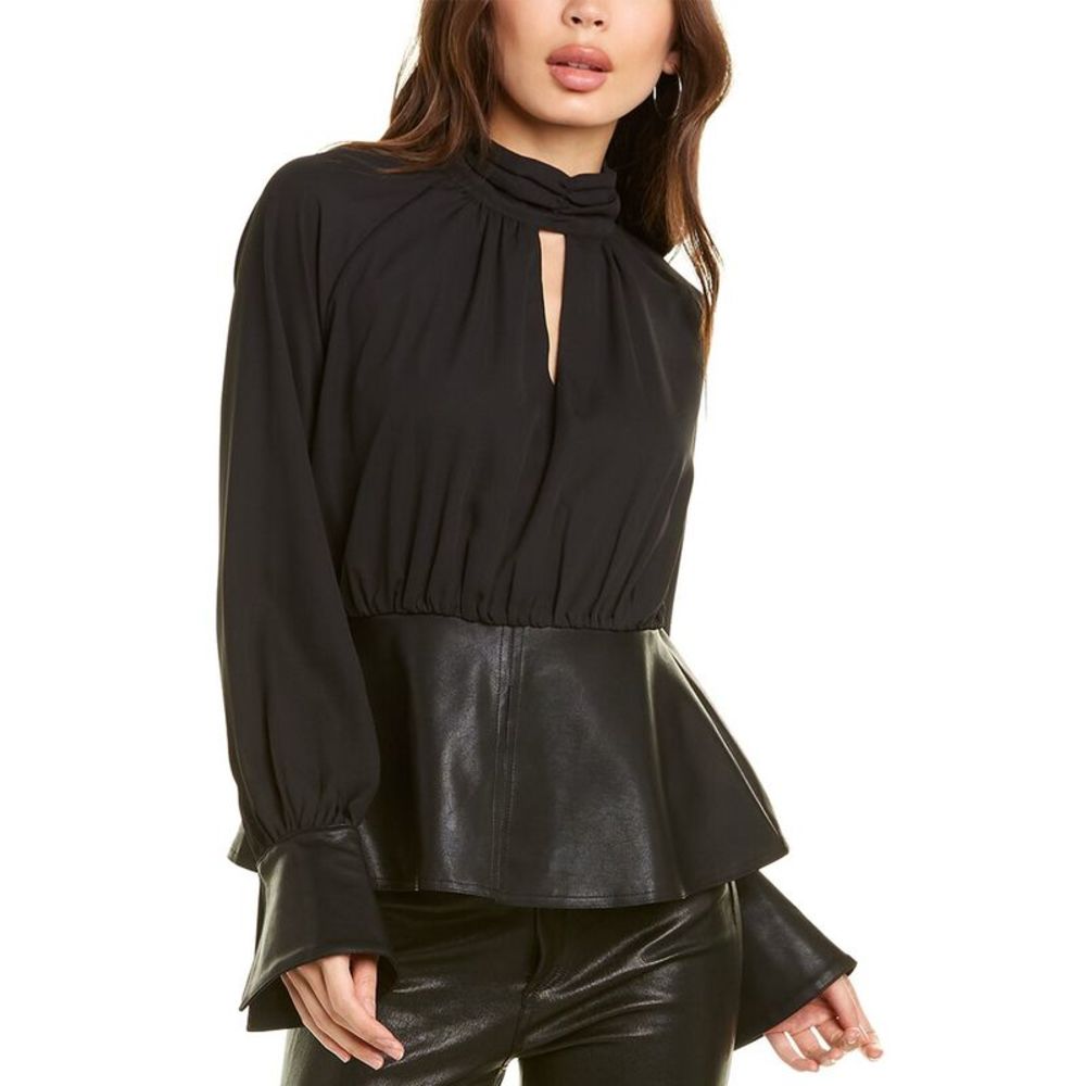 Gracia Black Peplum Mixed-Media Keyhole Blouse